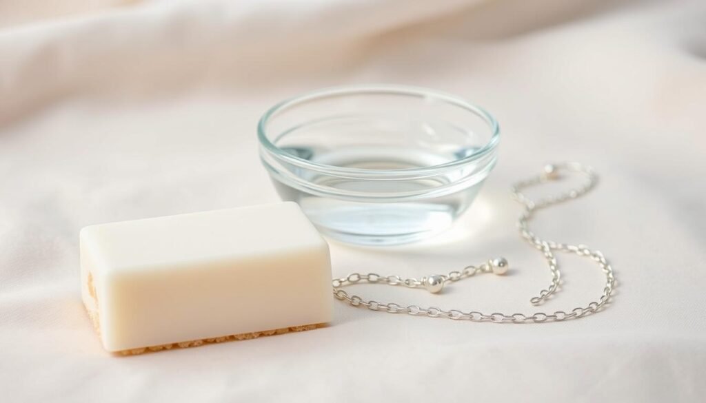 A close-up shot of a simple yet elegant arrangement of silver cleaning supplies on a soft, light-colored surface. In the foreground, a bar of gentle dish soap and a natural sponge sit side by side, their surfaces reflecting the soft, even lighting. In the middle ground, a small glass bowl filled with clear water gently distorts the view beyond. In the background, a delicate silver chain and a pair of silver stud earrings lay nestled, awaiting their gentle cleansing. The entire scene exudes a sense of calm and care, perfectly capturing the essence of the "How to Clean Silver Jewelry with Dish Soap and Water" section.