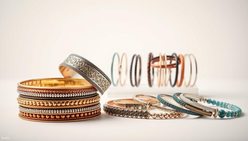 A stylish and diverse assortment of bracelets, designed to elegantly complement large wrists. In the foreground, a stack of intricate gold and silver cuffs, their intricate patterns and textures catching the soft, diffused light. In the middle ground, a selection of delicate bangle bracelets in a variety of colors and materials, including leather, beaded, and chain-link designs. The background features a clean, neutral setting, allowing the jewelry to take center stage and showcase its visual appeal. The overall composition conveys a sense of sophistication and attention to detail, inspiring confidence in finding the perfect bracelet for large wrists.