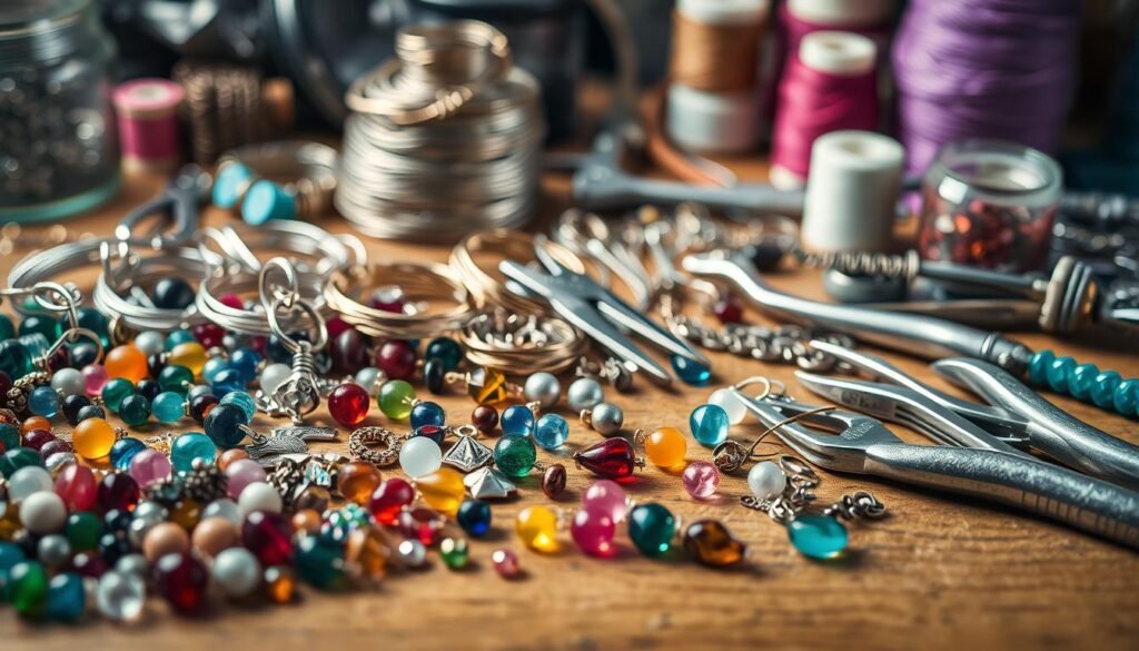 A well-lit, close-up shot of an assortment of jewelry making materials arranged on a wooden surface. In the foreground, an array of colorful beads, gemstones, and pendants in various shapes and sizes. In the middle ground, coils of wire, pliers, and other metalworking tools. In the background, spools of thread, findings, and other small, intricate components. The lighting is soft and diffused, highlighting the textures and colors of the materials. The composition is balanced and visually appealing, showcasing the diverse range of materials needed for crafting unique, handmade jewelry.