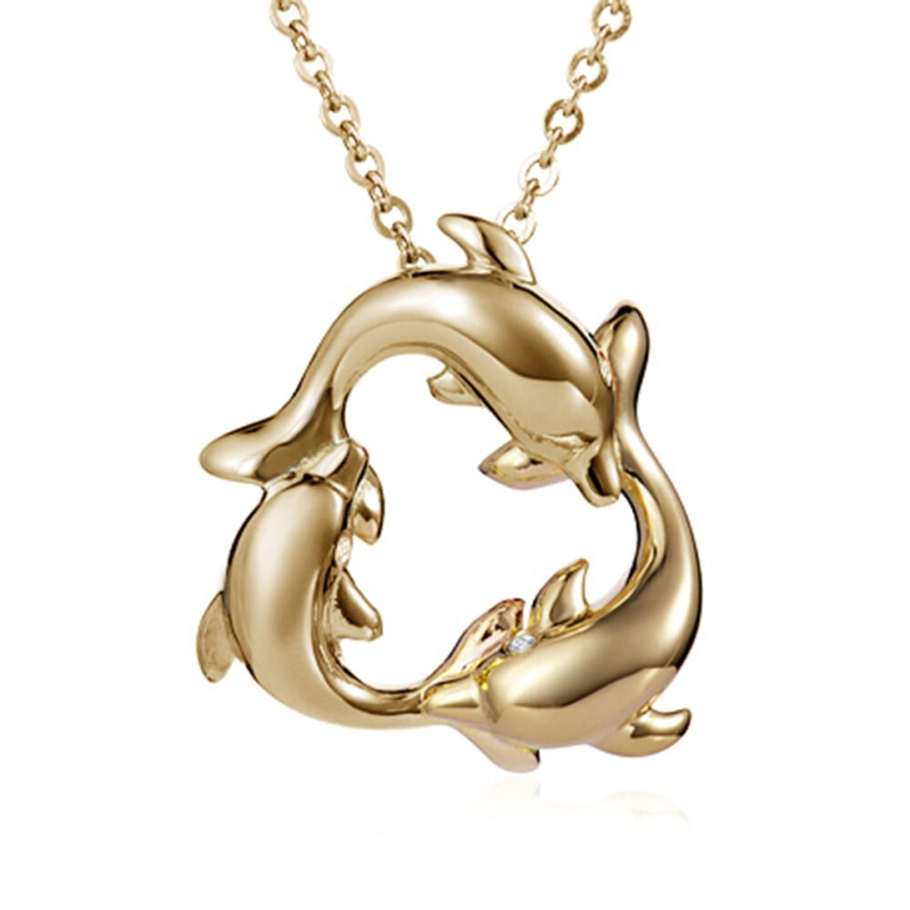 DR9788P (4) 10K Yellow Gold Polished Engraved Dolphins Pendant Charm With 14K Yellow Gold Lightweight Rope Chain Necklace