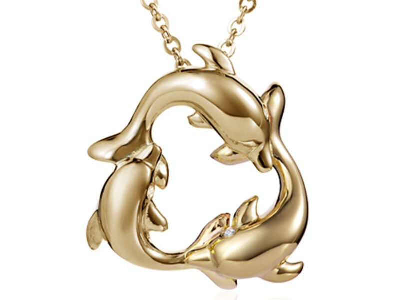 10K Yellow Gold Polished Engraved Dolphins Pendant Charm With 14K Yellow Gold Lightweight Rope Chain Necklace