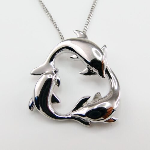 DR9788P (5) 10K Yellow Gold Polished Engraved Dolphins Pendant Charm With 14K Yellow Gold Lightweight Rope Chain Necklace