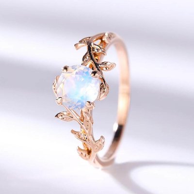 14K Rose Gold Moonstone Wedding Rings Leaf Flower Round Cut