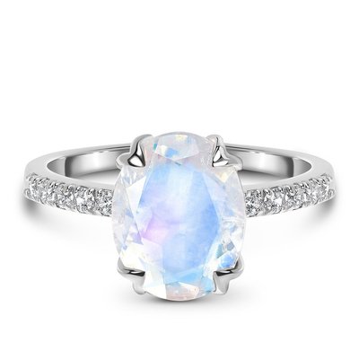 14K White Gold Oval Cut Moonstone Engagement Women Anniversary Ring With CZ Rings