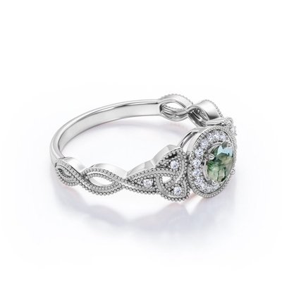 Art Deco Twisted Shank 0.58 Carat Round Cut Natural Transparent Moss Green Agate and Moissanite Milgrain Halo Engagement
