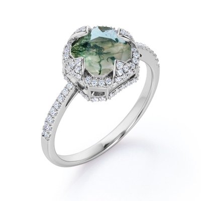 Asscher Cut Opaque Milky Moss Green Agate and Moissanite - Pave Engagement Ring