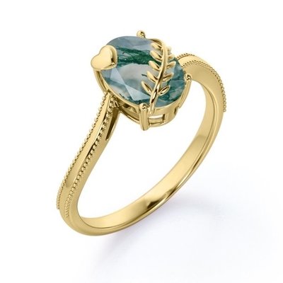 Anillo de compromiso solitario de ágata verde musgosa de corte ovalado de 1 quilate con borde milgrain de hoja y corazón en Y de 18 quilates