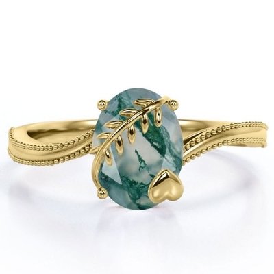 Anillo de compromiso solitario de ágata verde musgosa de corte ovalado de 1 quilate con borde milgrain de hoja y corazón en Y de 18 quilates
