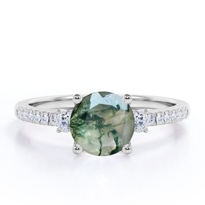 pc145033214-round_shape_natural_transparent_dendritic_moss_green_agate_and_moissanite_3_stone_engagement_ring Round Shape Natural Transparent Dendritic Moss Green Agate And Moissanite 3-Stone Engagement Ring