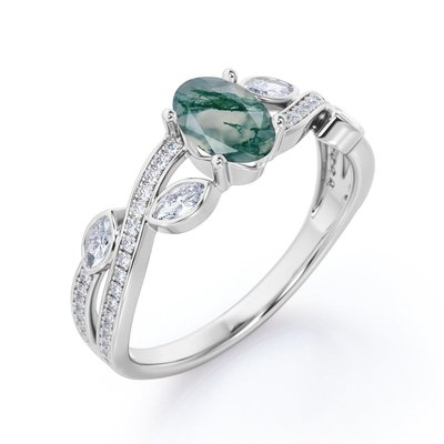 Crossover Over Shaped Opaque Milky Moss Green  Agate Engagement Ring In 18K Filigree Engagement Ring