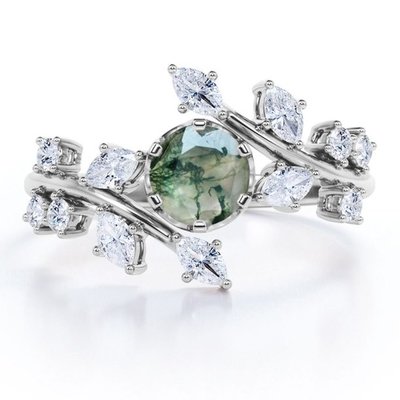 Branch Leaf Design 6 Prong Round Shaped Opaque Moss Green Agate And Moissanitet Ring