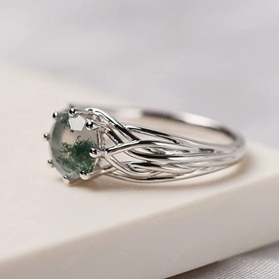 925 Sterling Silver Round Cut 7 MM Moss Agate Ring Personalized Promise Ring Abstract Ring for Women