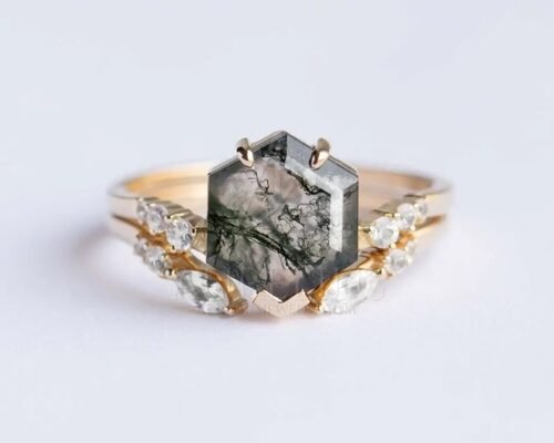 Kite Shape Stone Natural Moss Agate Engagement Ring Vintage Art Deco Gift Love