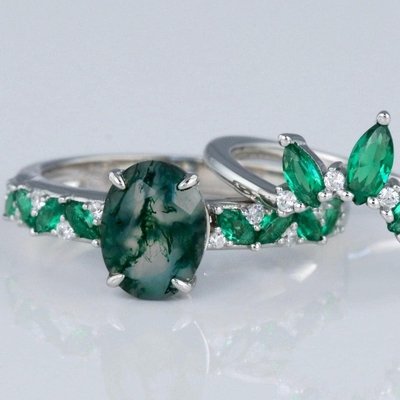 Hexagon Cut Natural Moss Agate Vintage Unique Moissanite Bridal Ring For Art Deco