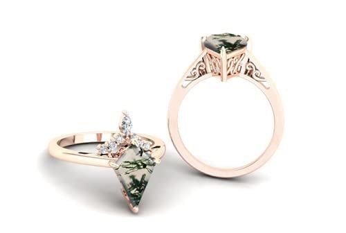 Kite Shape Stone Natural Moss Agate Engagement Ring Vintage Art Deco Gift Love
