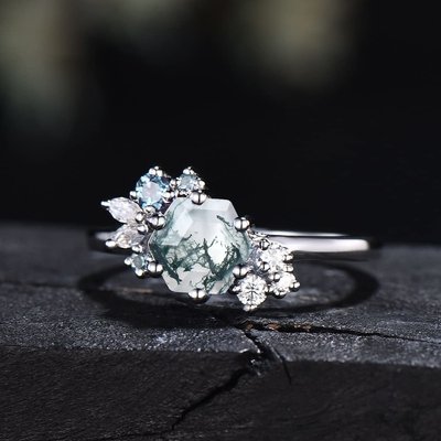 Hexagon Cut Natural Moss Agate Vintage Unique Moissanite Bridal Ring For Art Deco