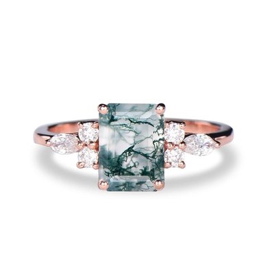 Emerald Cut Antique Aquatic Green Agate Stone Ring Hypoallergenic