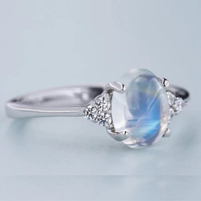 Oval Rainbow Moonstone Ring Cabochon Cut Moonstone Engagement Women Jewelry