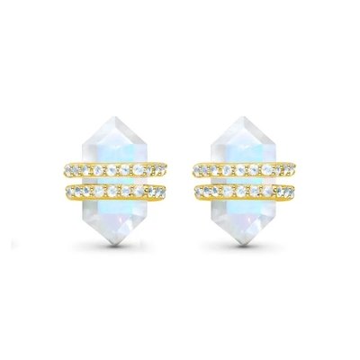 925 Sterling Silver Natural Stone Jewelry Hexagon Cut Blue Rainbow Moonstone Stud Earrings