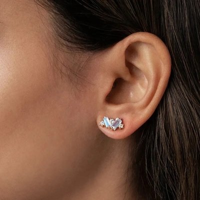 レインボームーンストーン ピアス バゲットカット 天然ムーンストーン スタッドピアス ジュエリー