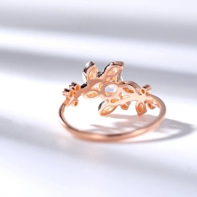 High Quality 925 Sterling Silver Natural Stone Jewelry Faceted Rainbow Moonstone Leaf Ring
