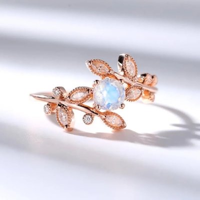 High Quality 925 Sterling Silver Natural Stone Jewelry Faceted Rainbow Moonstone Leaf Ring