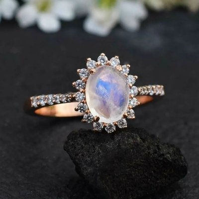 Rose Gold Hexagon Shaped Wedding Jewelry Moonstone Engagement Ring