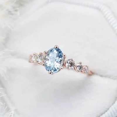 Delicate Fantastic S925 Sterling Silver Rose Gold Round Cz Oval Blue Aquamarine Engagement Ring Cluster Dainty Rings