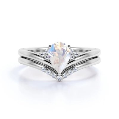 S925 Gold Natural Pear Shape Cz Rainbow Moonstone Ring Boho Wedding Set