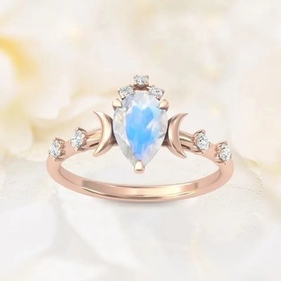 Natural Moonstone Gemstones 925 Silver Anniversary Jewelry Rings Genuine Pear Cut