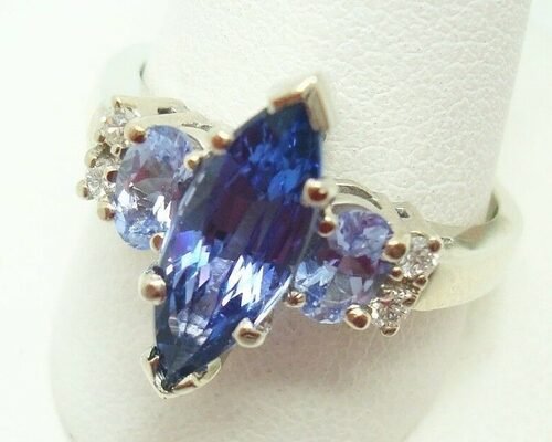 Three Tanzanite Boxed  Wedding Ring With White 925 Set Sterling Silver