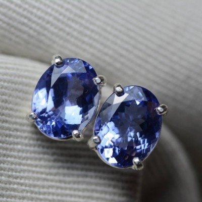 14k White Gold Oval Genuine Natural Tanzanite Earrings with CZ