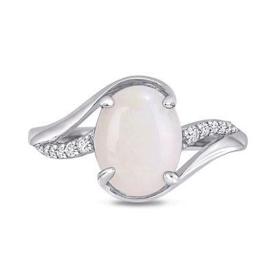 Oval Lab-Created Opal Celtic Love Knot Side Accent Ring in Sterling Silver