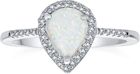 Petite Gemstone Micro Pave CZ Halo Created White Opal Ring Pear Shape Teardrop