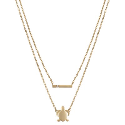14K Gold Flash-Plated Cubic Zirconia Bar and Turtle 2-Piece Necklace Set with Extender