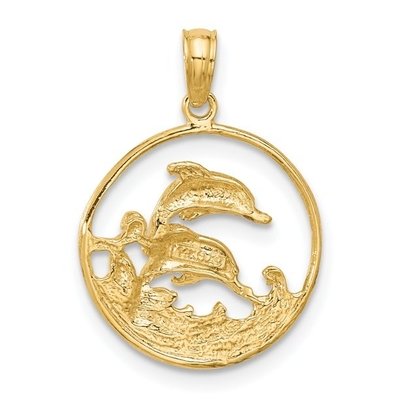 Carat in Karats 14K Yellow Gold Double Dolphin Circle Pendant Charm With 10K Yellow Gold Lightweight Rope Chain Necklace