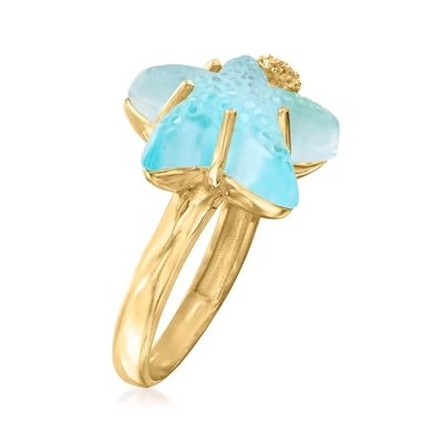 Anel italiano Tagliamonte 16mm Estrela do Mar de vidro veneziano azul em ouro de 18kt sobre Sterling