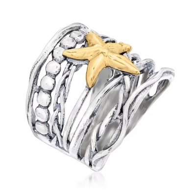 Anel italiano Tagliamonte 16mm Estrela do Mar de vidro veneziano azul em ouro de 18kt sobre Sterling