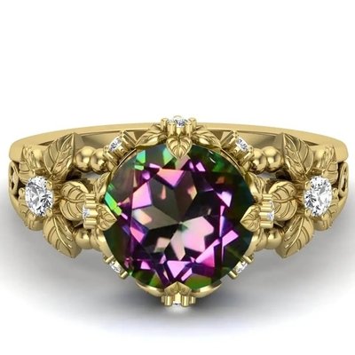 14K Gold Plated Sterling Silver Vintage Art Round Cut Mystic  White Topaz Gemstone Engagement Rings