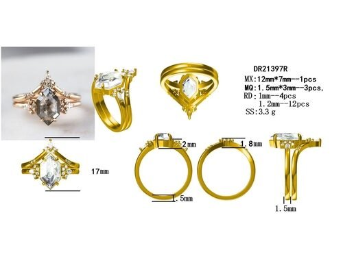 925 Silver Hexagon Cut Salt and Pepper Diamond Moissanite Ring Curved Matching Women Ring Sets