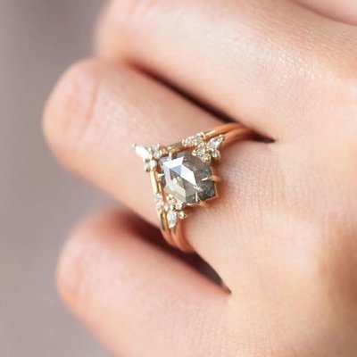 925 Silver Hexagon Cut Salt and Pepper Diamond Moissanite Ring Curved Matching Women Ring Sets