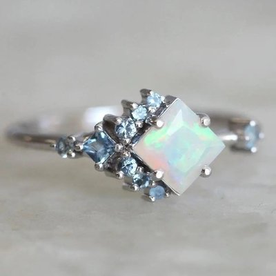 Square CZ Rhodium Plated Natural Opal Ring 925 Sterling Silver Graceful Jewelry