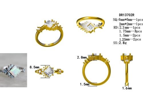 Square CZ Rhodium Plated Natural Opal Ring 925 Sterling Silver Graceful Jewelry