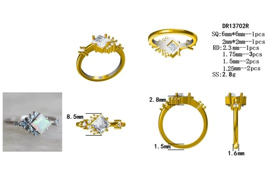 Square CZ Rhodium Plated Natural Opal Ring 925 Sterling Silver Graceful Jewelry