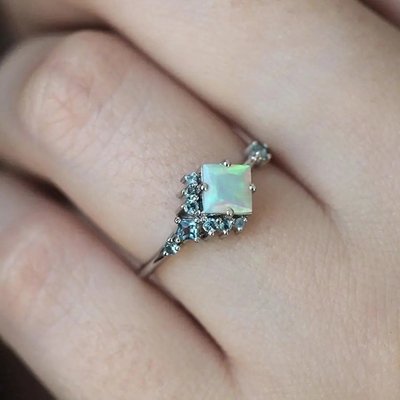 Square CZ Rhodium Plated Natural Opal Ring 925 Sterling Silver Graceful Jewelry