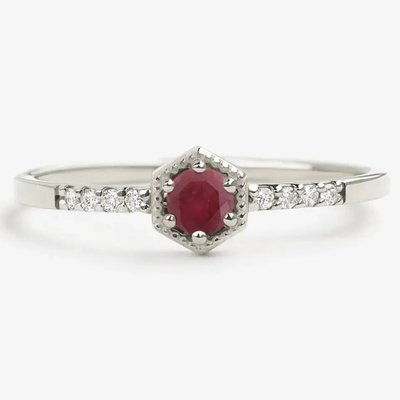 Gift Sterling Silver Natural Ruby Hexagon Minimal Engagement Ring Dainty Unique