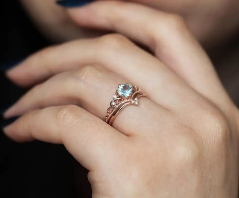Delicate S925 Rose Gold Plated Natural Round Shape Aquamarine Ring Women Jewelry
