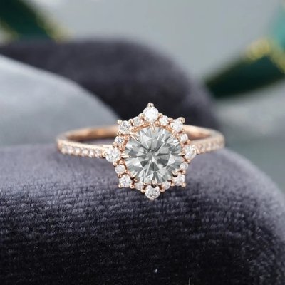 925 Silver Vintage Rose Gold Halo Gray Moissanite Ring 1ct Moissanite Anniversary Ring Wedding Ring