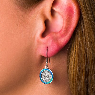 pc148427710-925_with_sterling_silver_greek_key_blue_meander_opal_phaistos_disc_dangle_women_earrings 925スターリングシルバーギリシャキーブルーミアンダオパールPhaistosディスクダングル女性イヤリングと