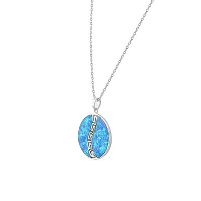 25 Sterling Silver  Blue Simulated Opal Greek Key Meander Meandros Spiral Pendant Necklace
